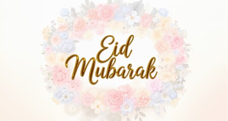 Obraz premium Golden Eid Mubarak Typography Surrounded by Pastel Floral Arrangement 