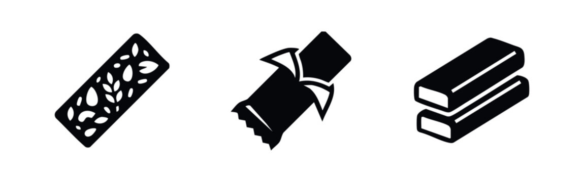 Set of three minimalist black snack bar icons, featuring a granola bar with nuts, a wrapped chocolate bar, and stacked protein bars.