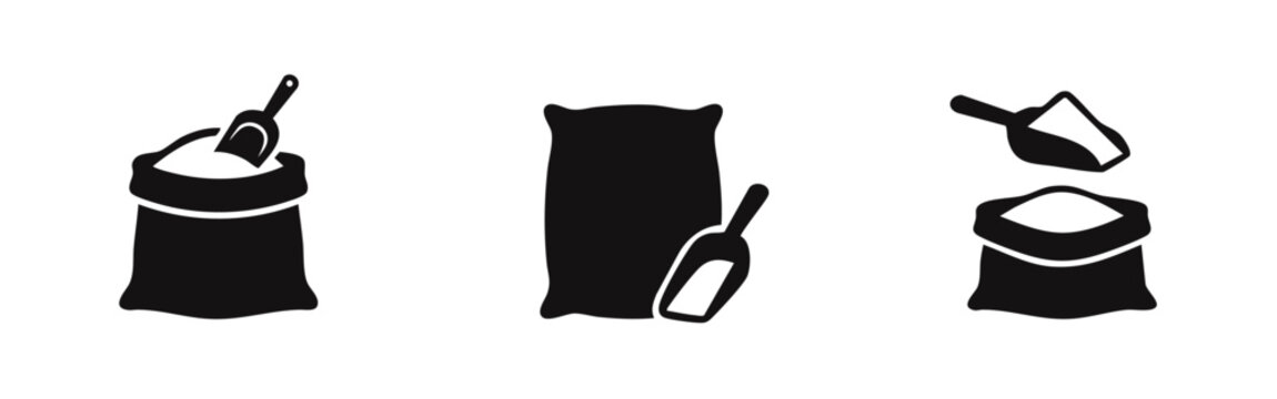 Collection of three minimalist icons featuring a sack of flour and a scoop. Perfect for bakery, farming, and bulk food storage concepts.