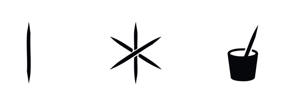 Minimalist black icons showing a single toothpick, a cluster of toothpicks in a star shape, and a toothpick holder, isolated on white background.
