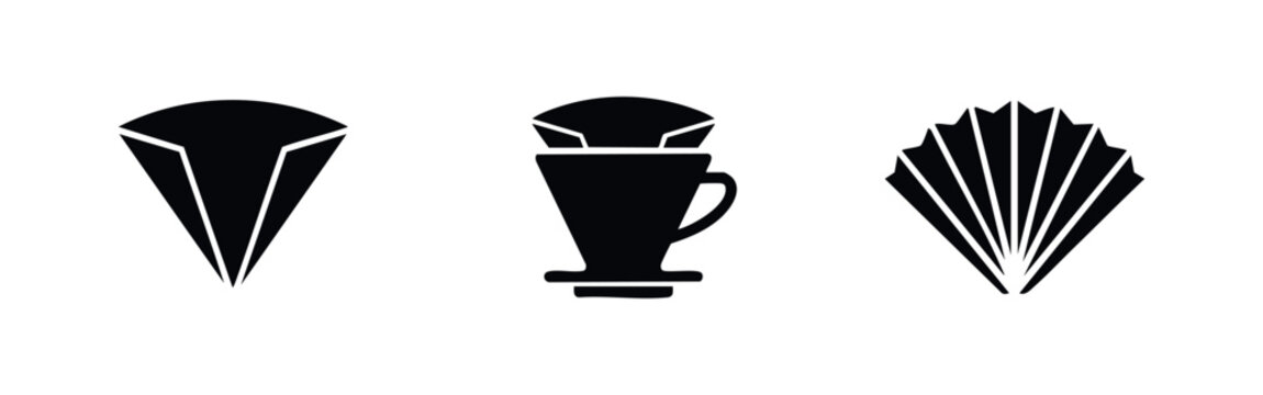 Minimalist black icons showing pour-over coffee tools: a cone filter, a dripper with filter, and a pleated paper filter, isolated on white background.