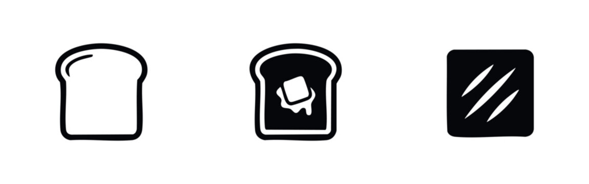 Minimalist set of black and white bread and toast icons, featuring a plain slice, a slice with melting butter, and a toasted surface design.