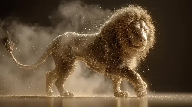 A powerful lion walks forward through dust on a dark background