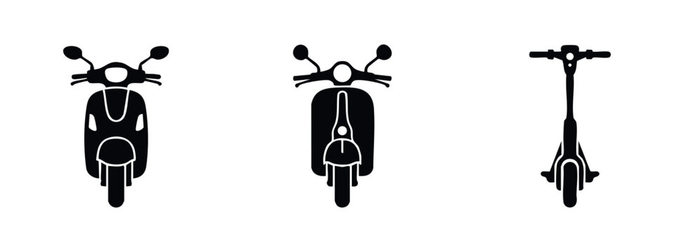 Set of minimalist black silhouettes of urban transportation: a modern moped, a vintage scooter, and an electric kick scooter viewed from the front.