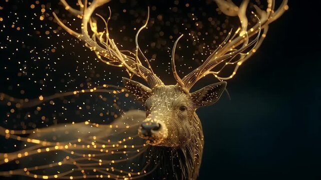A majestic golden deer with glowing antlers runs through sparkling particles in a dark environment.