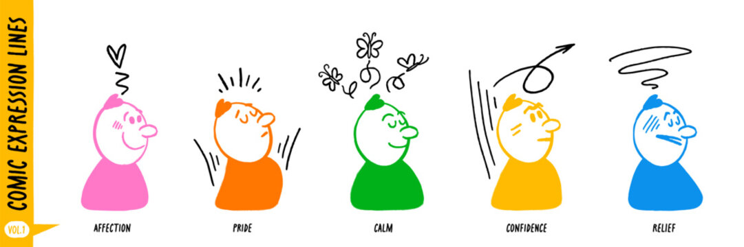 Comic character, line expression set with simple faces and motion effects showing moods like affection, pride, calm, confidence, and relief. Comic character expressions with line effects.