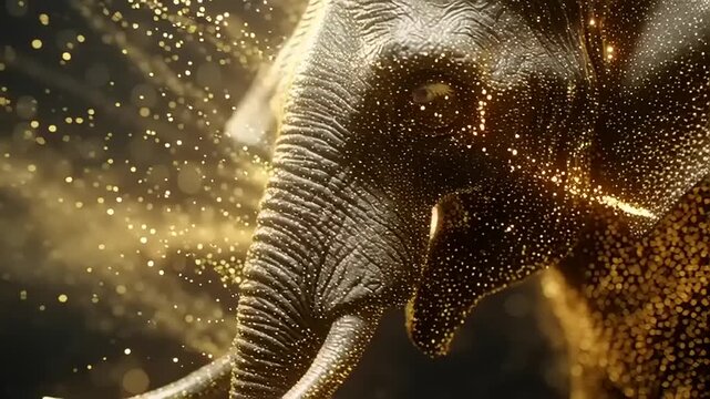 Golden particles swirl around a majestic elephant's face and trunk.