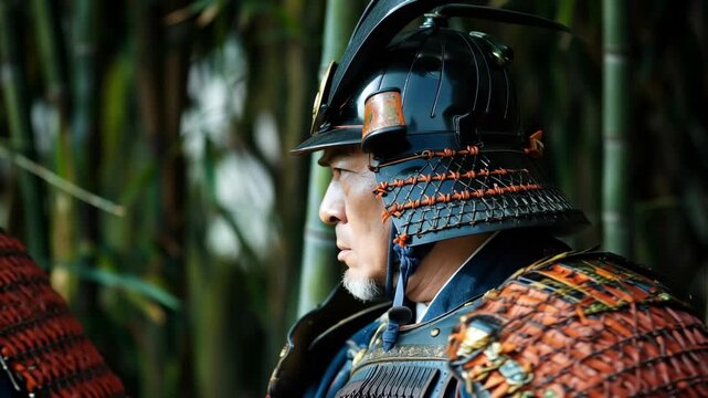 Middle aged Japanese samurai warrior wearing traditional armor and helmet standing with a stoic expression, slowly turning his head in a dense and lush green bamboo forest background