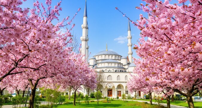 Beautiful cherry blossoms in front of the mosque on a spring day
