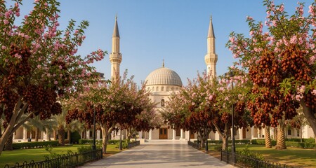 Fototapeta premium Peaceful mosque scene with blooming trees and dates. 
