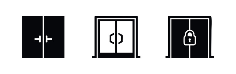 Fototapeta premium Set of three minimalist black door icons on white background, including double doors, entrance with handles, and a locked door with a padlock.