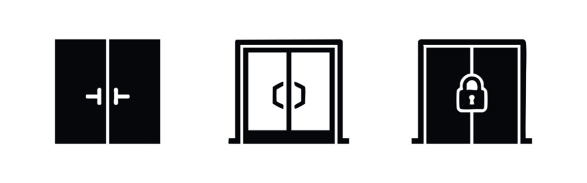 Set of three minimalist black door icons on white background, including double doors, entrance with handles, and a locked door with a padlock.