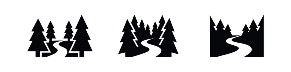 Minimalist black silhouette icons of pine forest with winding paths. Versatile vector set for nature, travel, and adventure logo designs. © Lili