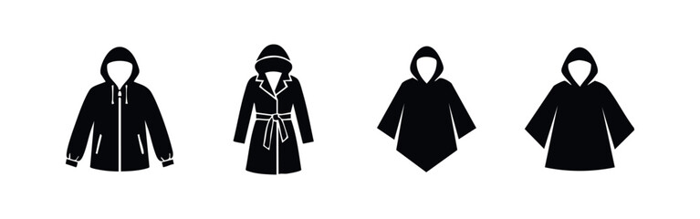 A collection of four black silhouettes representing different styles of outerwear, including jackets, trench coats, and hooded ponchos. © Lili