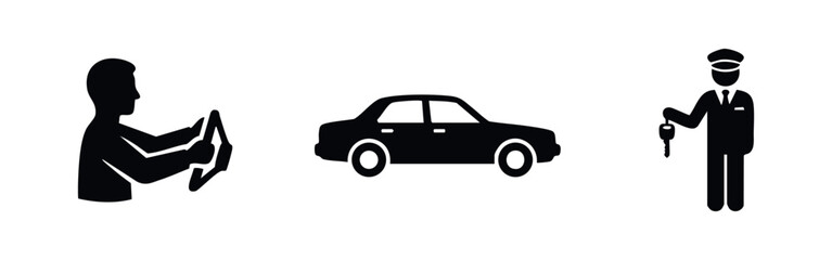 Fototapeta premium Set of black minimalist icons representing professional car services, including a driver at the wheel, a sedan vehicle, and a chauffeur with keys.