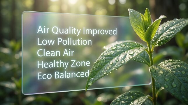 Clean air environmental concept with green leaves, air quality improved data on glass panel, eco balanced healthy zone in lush forest