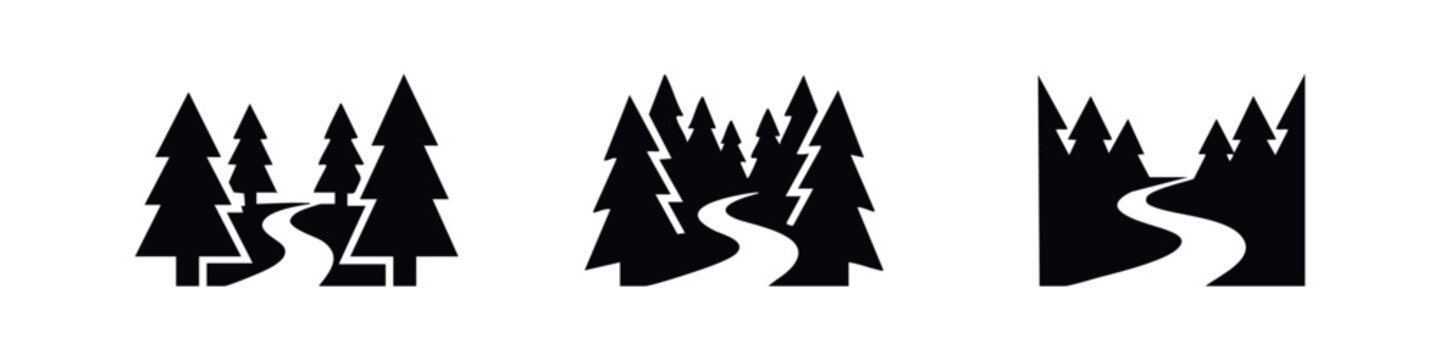 Minimalist black silhouette icons of pine forest with winding paths. Versatile vector set for nature, travel, and adventure logo designs.