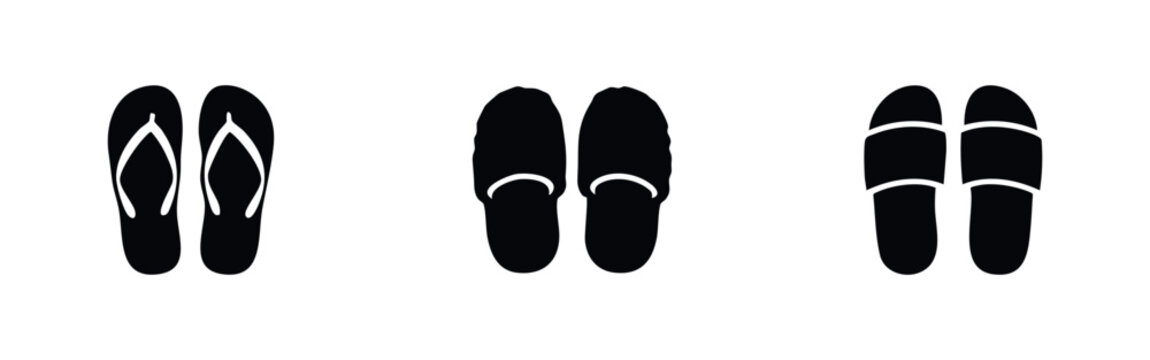 Minimalist black silhouette icons of different types of footwear, including flip-flops, house slippers, and beach slides on a white background.