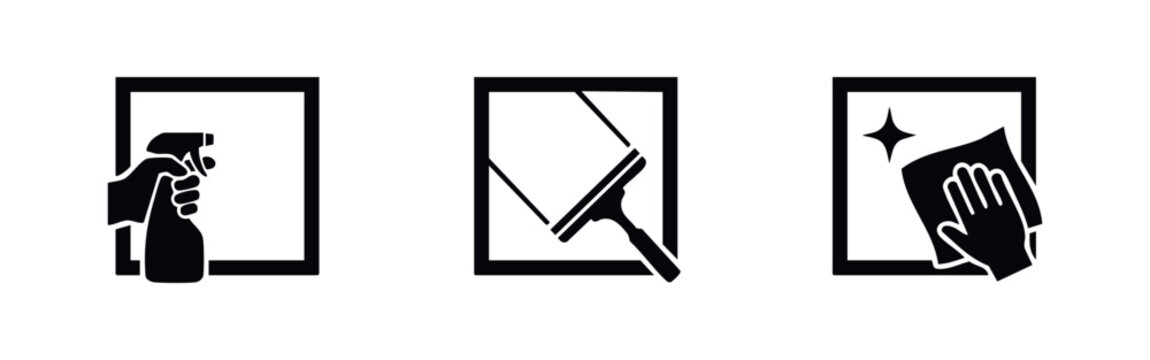 Set of window cleaning icons showing spraying, squeegeeing, and wiping. Minimalist black vector symbols for housekeeping and hygiene services.