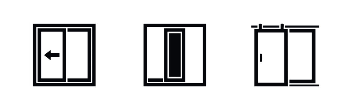 Minimalist set of black icons depicting different sliding door and window styles, including barn doors and sliding glass panels on a white background.