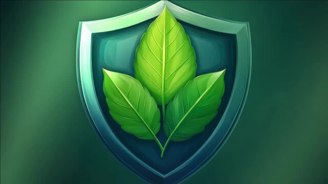 Stylized graphic design of a shield featuring vibrant green leaf motifs.