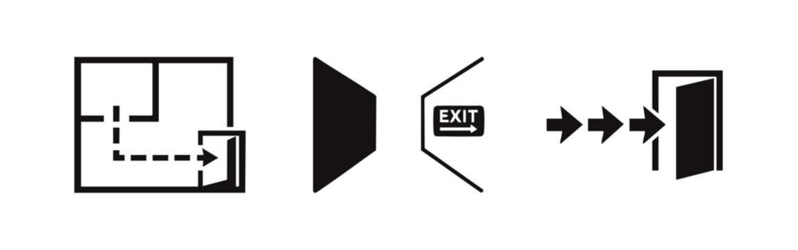 Set of minimalist black icons representing emergency evacuation routes, building floor plans with exit paths, and directional wayfinding to safety.