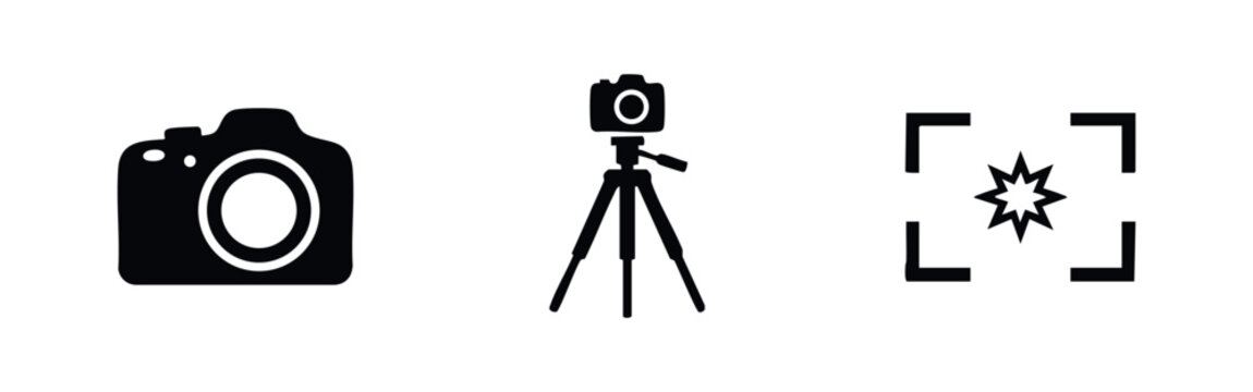Professional photography icon set featuring a DSLR camera, tripod, and viewfinder focus. Clean, minimalist black silhouettes for modern design.