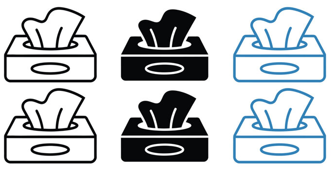 Box tissue icon set featuring vector line icons of tissue box, paper extraction, and hygiene symbol