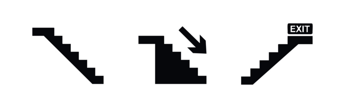 Set of three minimalist black staircase icons including a standard staircase, one with a down arrow, and an emergency exit symbol with text.