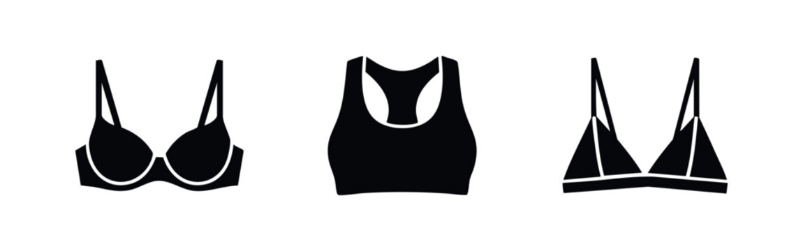 A set of three black bra silhouettes, including a classic push-up, a sports bra, and a bralette, isolated on a white background.
