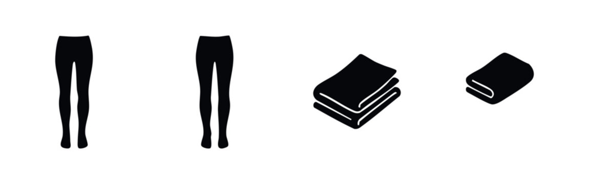 Set of minimalist black icons featuring leggings and folded towels or linens on a plain white background. Ideal for retail, laundry, or web design.