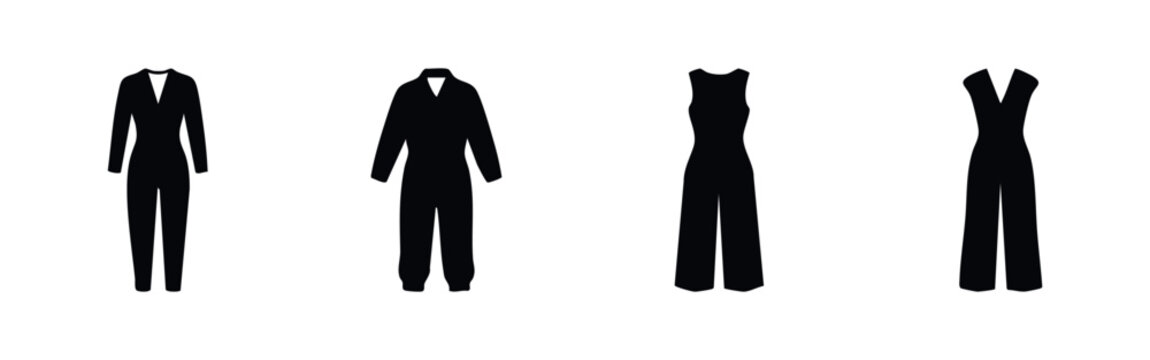A collection of four black silhouette icons representing different styles of women's jumpsuits and rompers on a plain white background.