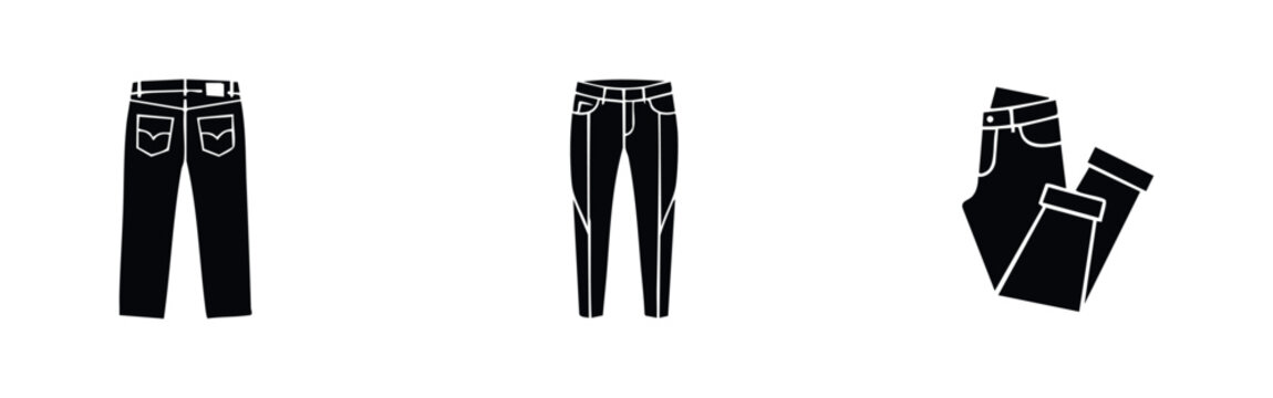 Set of three black denim jeans icons including front, back, and folded views. Minimalist flat vector illustration of casual trousers on white.