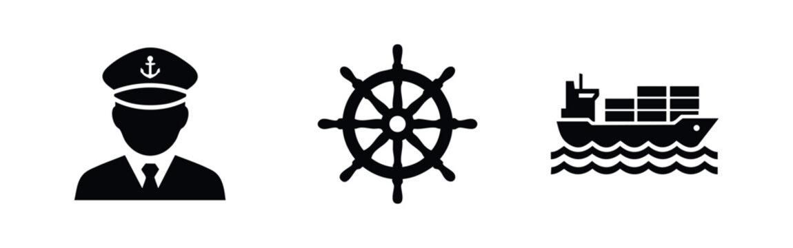 Set of nautical icons featuring a ship captain, a helm steering wheel, and a cargo vessel. Professional black silhouettes for maritime design.