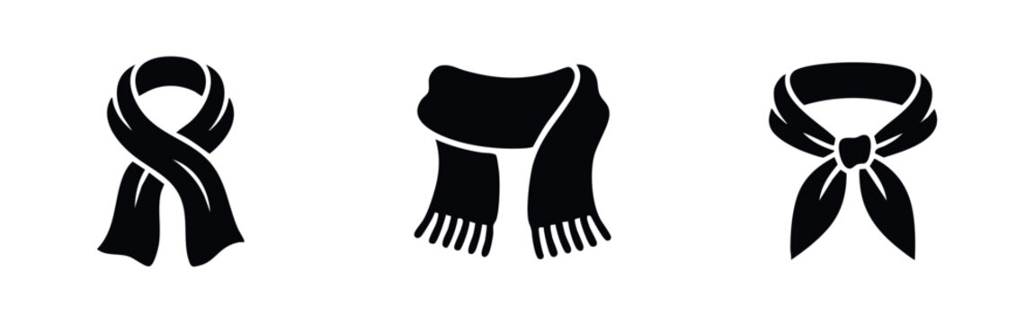 Set of three black scarf icons including a winter muffler and a knotted neckerchief, isolated on a white background in a flat minimalist style.