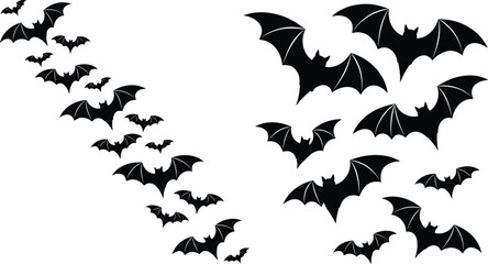 Fototapeta premium Flying Bat Silhouette Set for Halloween Decorations Featuring Spooky Black Vector Illustration Collection and Swarm Designs