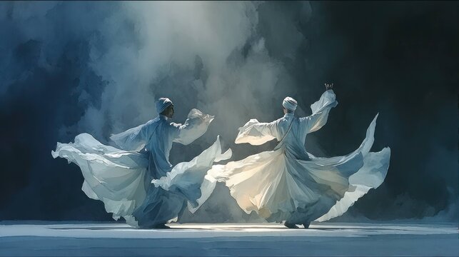 Whirling dervishes in motion watercolor painting spiritual sufi dance ritual concept