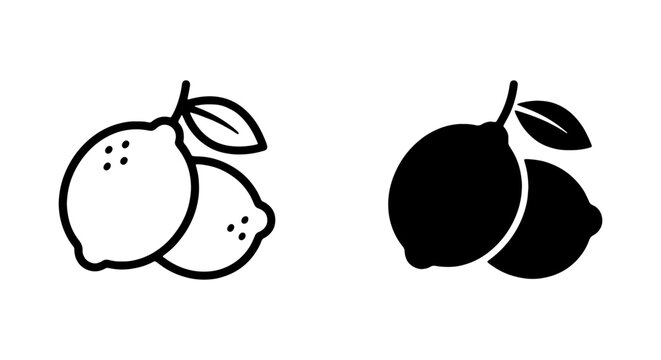Lemon icons, citrus fruit symbols, black and white illustrations, vector graphics