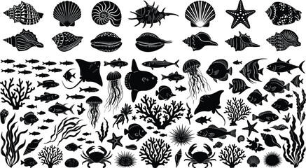 Marine life silhouette collection featuring tropical fish seashells coral jellyfish and ocean animals vector illustration set © MD. JAKIR IBNE
