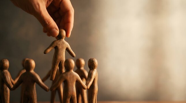 Human Resources Concept with Hand Selecting Wooden Figure from a Group for Leadership and Recruitment Recruitment