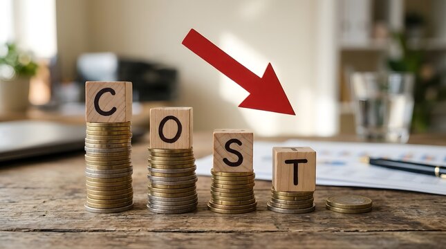 Cost reduction concept with stacks of coins and red arrow pointing down.