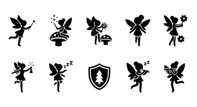 10 Fairy silhouette icons magic wand mushroom flower shield, solid black style, fantasy forest