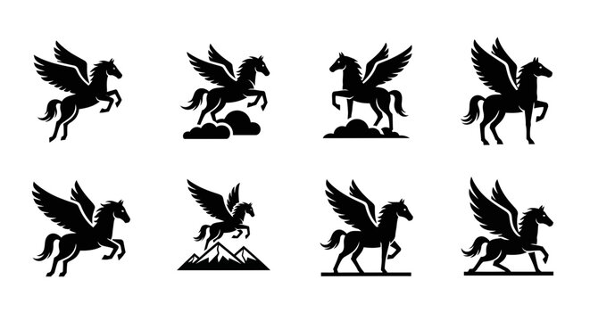 8 Pegasus silhouette icons flying horse wings clouds mountain, solid black style, mythology animals