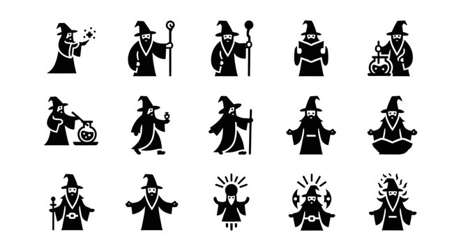 15 Wizard silhouette icons staff magic wand cauldron, solid black style, fantasy character set