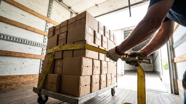 Warehouse worker hands using a ratchet strap to secure a pallet of cardboard boxes inside a delivery truck