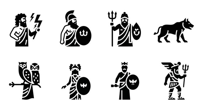 8 Greek Mythology silhouette icons Zeus Poseidon Hades Athena, solid black style, history education set
