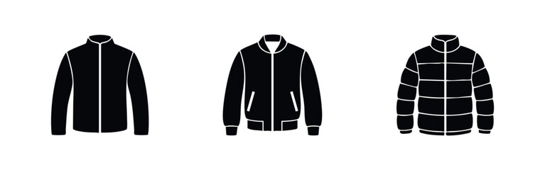 Minimalist collection of black jacket icons: windbreaker, bomber, and puffer styles. Flat vector silhouettes for fashion and apparel design. © Lili