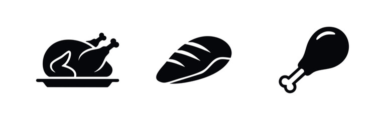Set of minimalist black icons featuring a whole roasted turkey, a chicken breast fillet, and a drumstick on a clean white background. © Lili