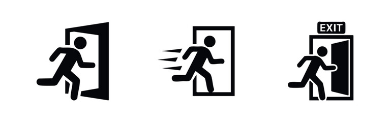 Black emergency exit icon set featuring running man silhouettes and open doors. Minimalist signs for fire safety, evacuation, and egress directions. © Lili