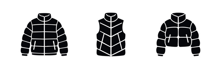 Set of black and white winter puffer jacket and vest icons. High-quality vector illustrations of warm outerwear for cold weather. © Lili